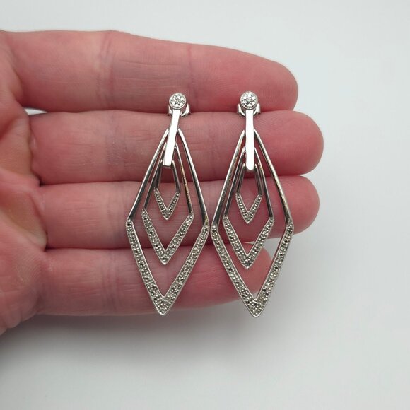925 Sterling Silver Genuine Small Diamonds V Shape Earrings - Picture 1 of 8